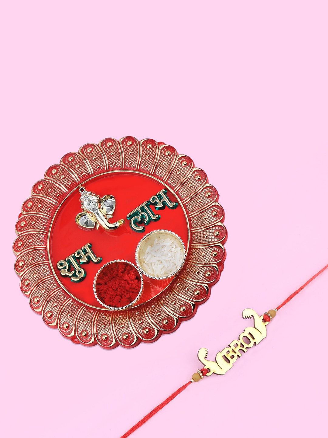 

Silver Shine 1 Bhaiya Rakhi with Pooja Thali Roli Chawal Greeting Card, Red