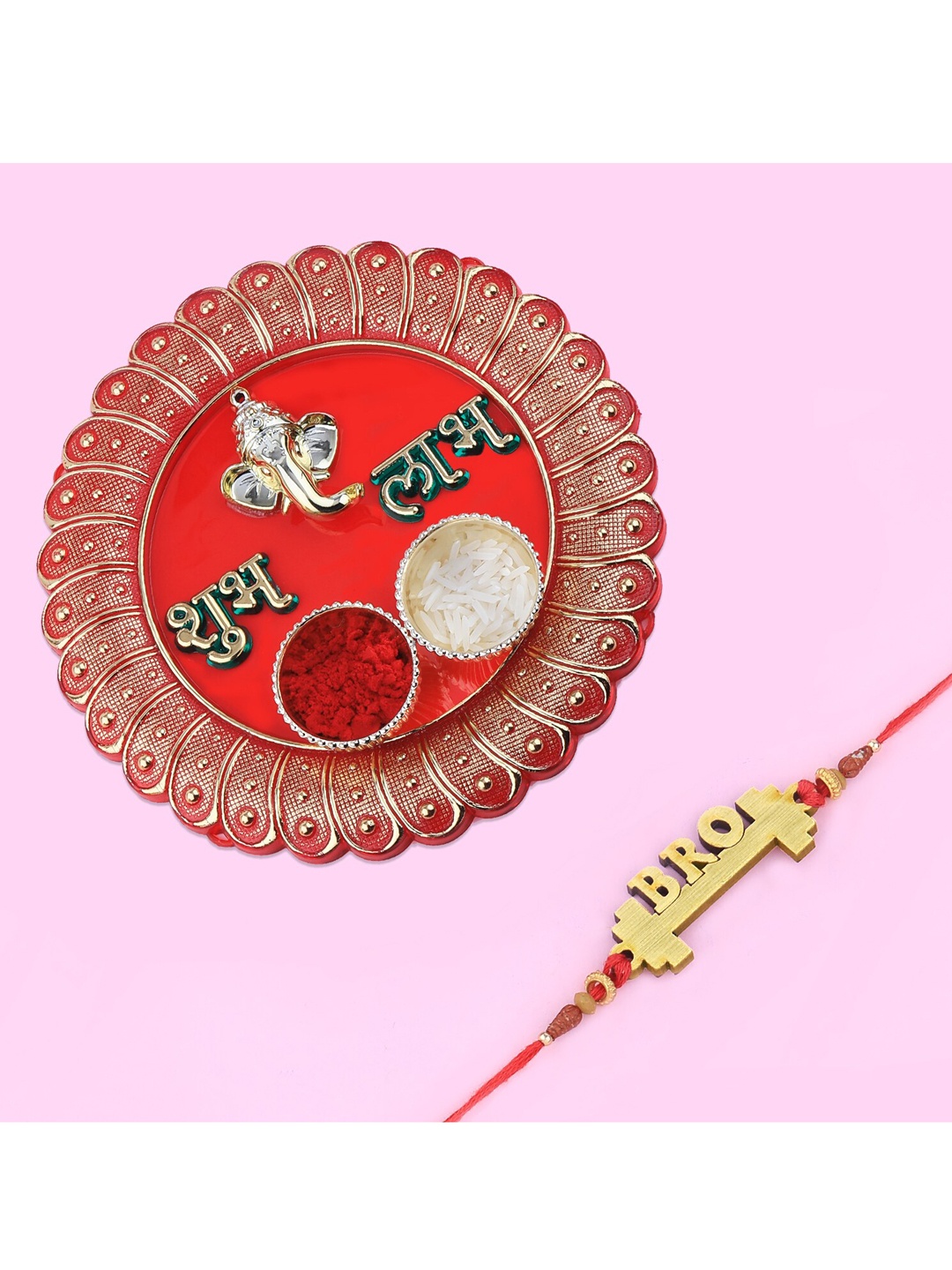 

Silver Shine Unisex Rakhi With Pooja Thali Roli Chawal And Greeting Card, Gold