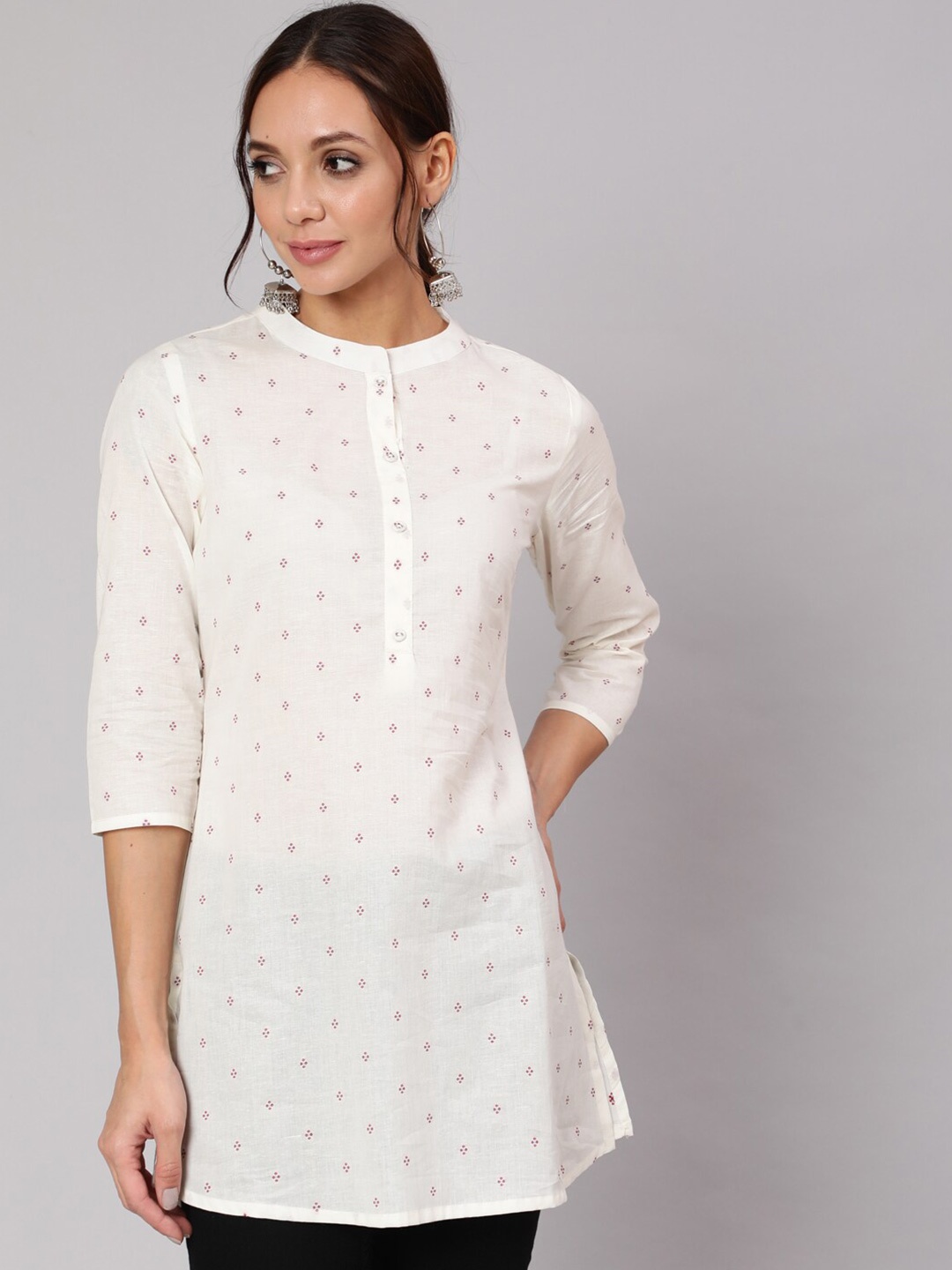 

Nayo White & Pink Mandarin Collar Printed Tunic