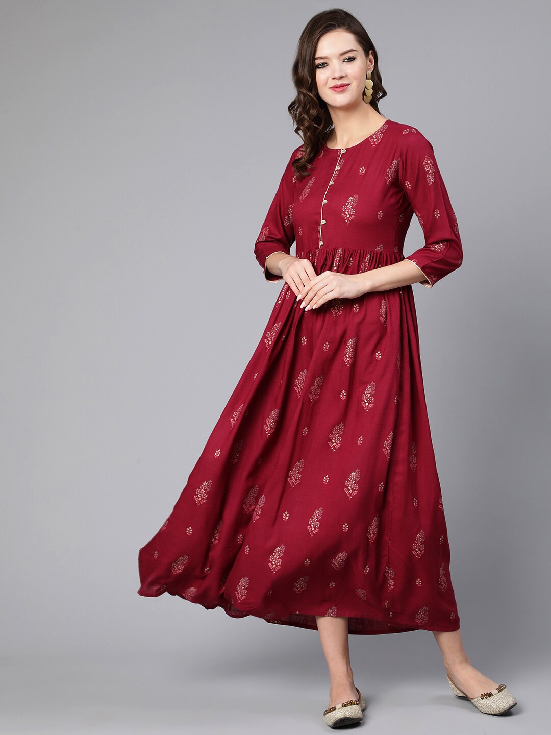 

Nayo Burgundy Ethnic Motifs Flared Ethnic Maxi Dress