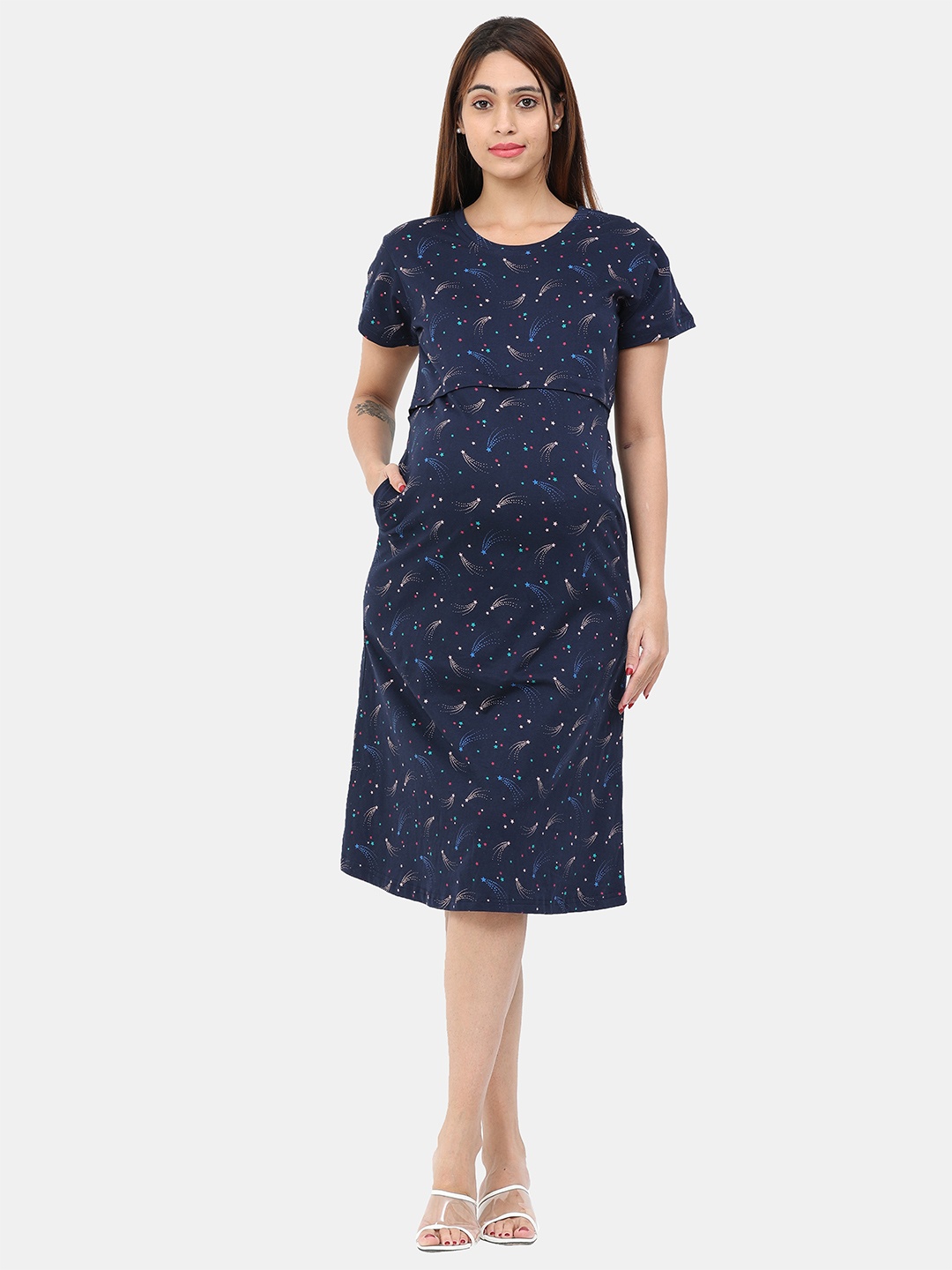 

9shines Label Women Hosiery Cotton Blue Printed Maternity Nightdress