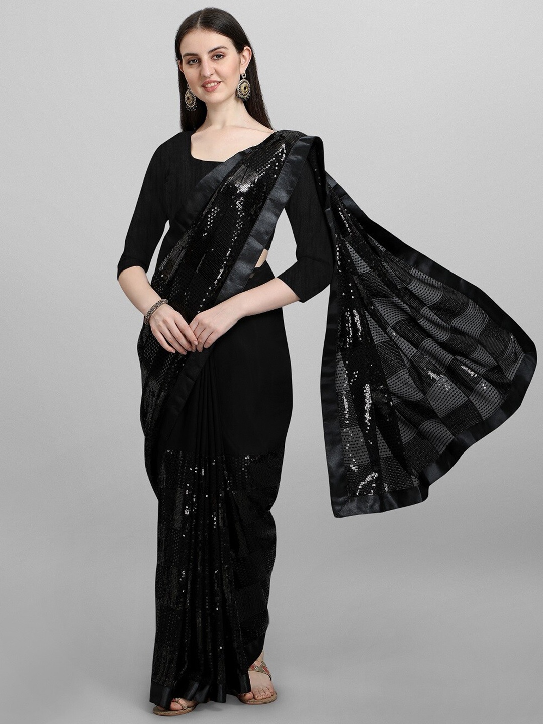 

CLEMIRA Women Black Checked Sequins Embellished Georgette Saree