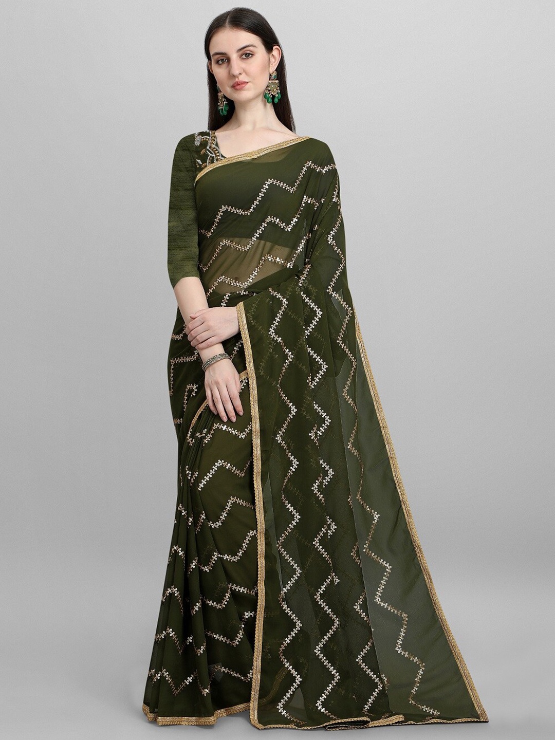 

CLEMIRA Women Olive Green And Golden Sequiens Leheriya Embroidery Pure Georgette Saree