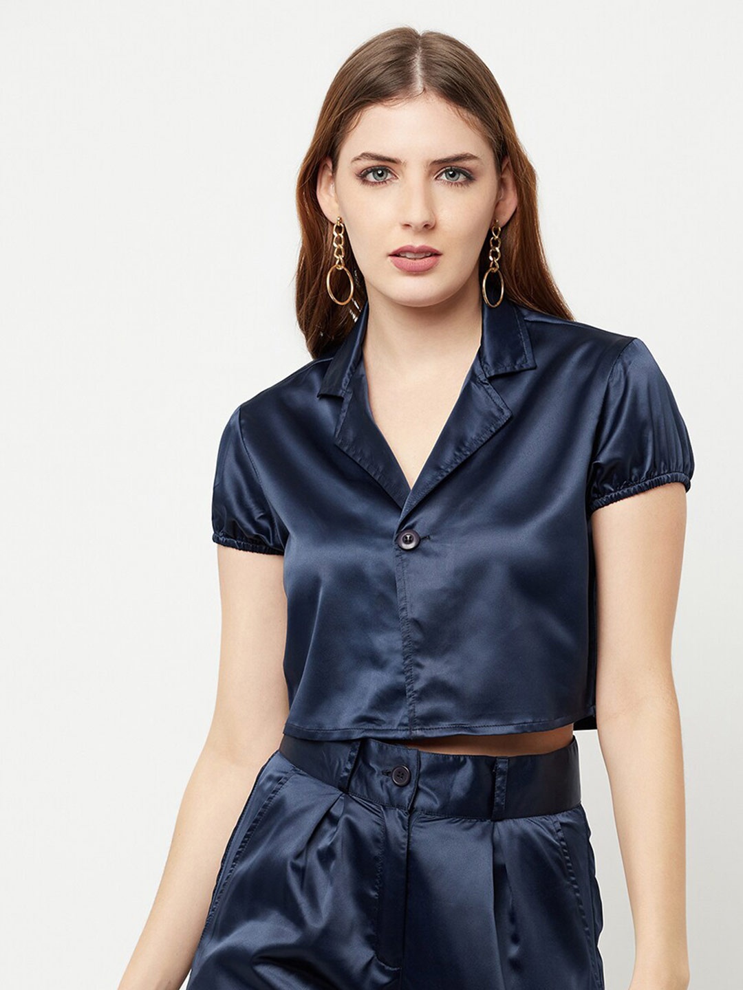 

THE SILHOUETTE STORE Women Navy Blue Shirt Style Crop Top