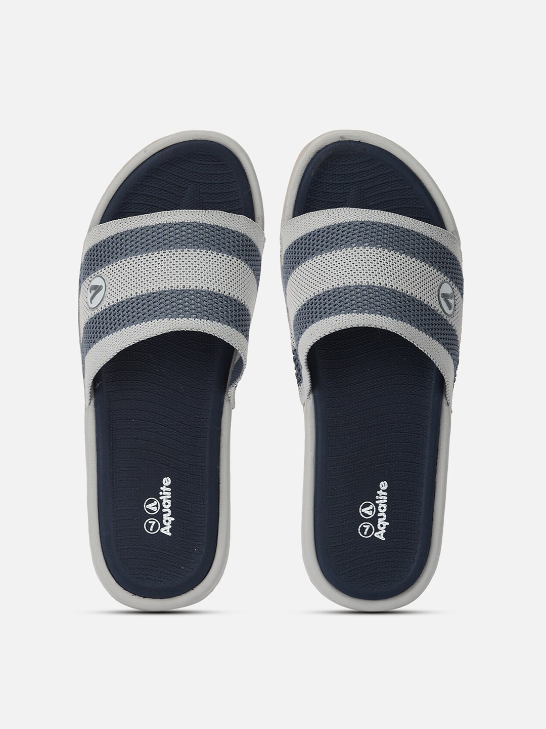 

Aqualite Men Grey & Navy Blue Striped Synthetic Slip-On Flip Flops