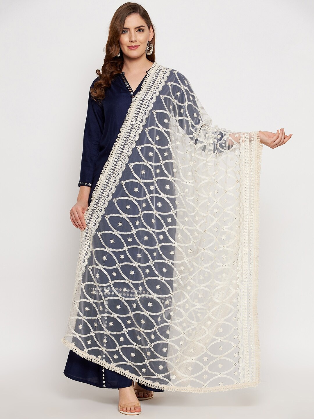 

Clora Creation Off White Embroidered Dupatta with Sequinned