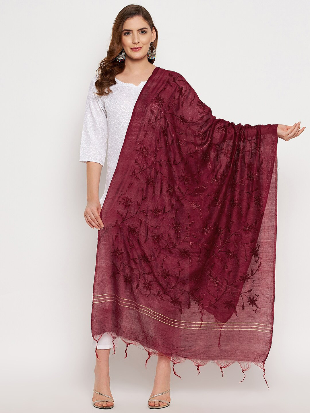 

Clora Creation Maroon & Gold-Toned Embroidered Dupatta