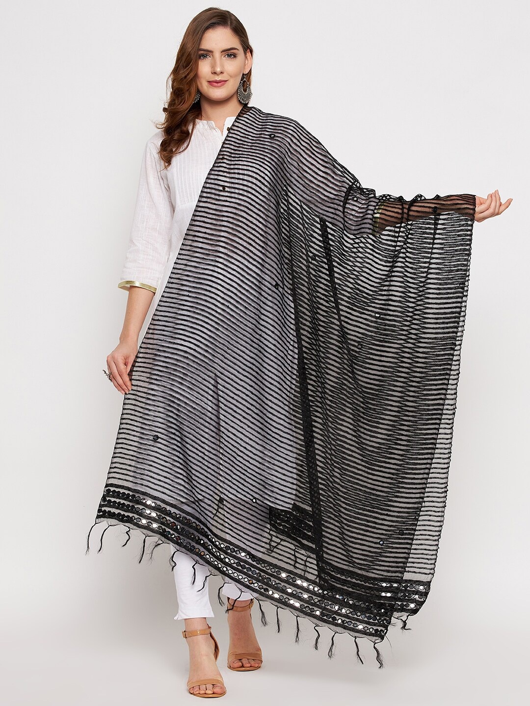 

Clora Creation Black & Silver-Toned Striped Organza Dupatta with Mirror Work