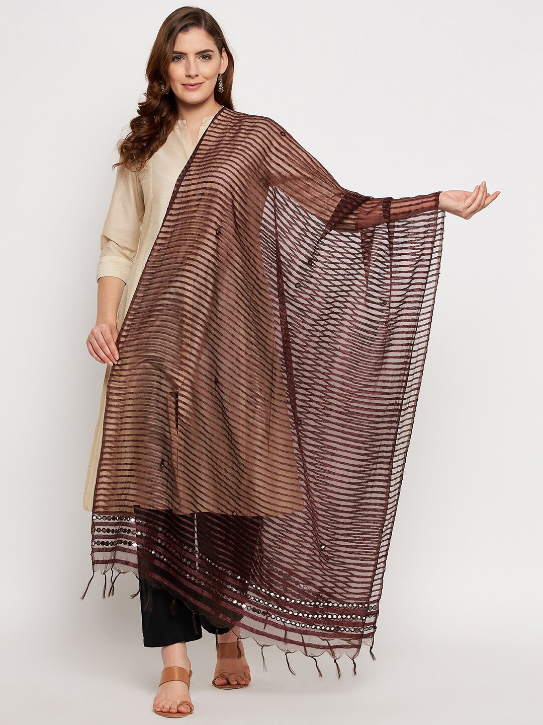 

Clora Creation Coffee Brown Striped Organza Dupatta with Mirror Work