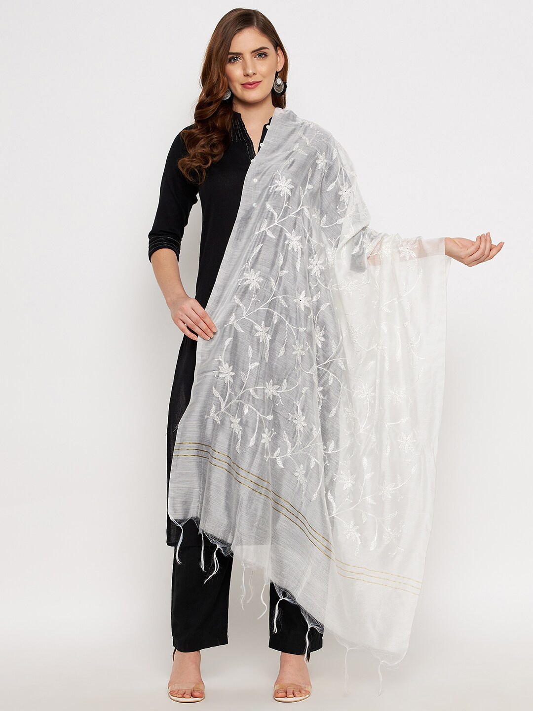 

Clora Creation White Embroidered Dupatta