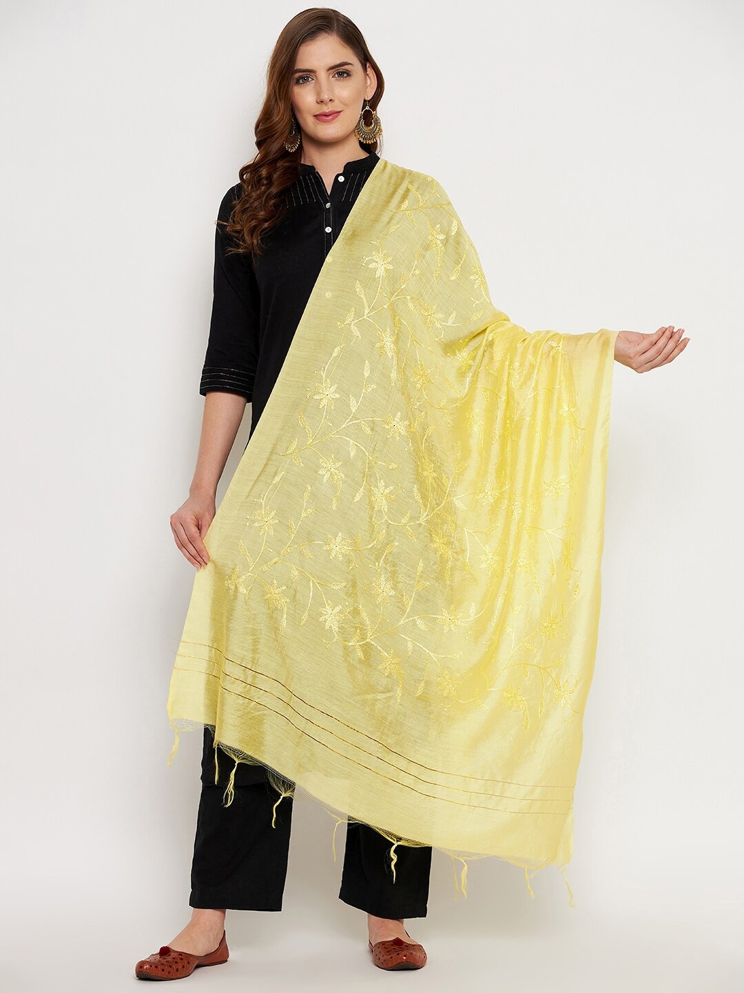 

Clora Creation Yellow Embroidered Dupatta