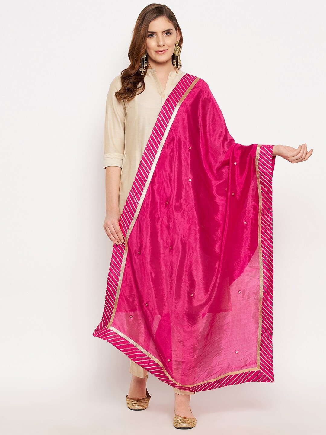 

Clora Creation Magenta & Silver-Toned Printed Dupatta with Gotta Patti