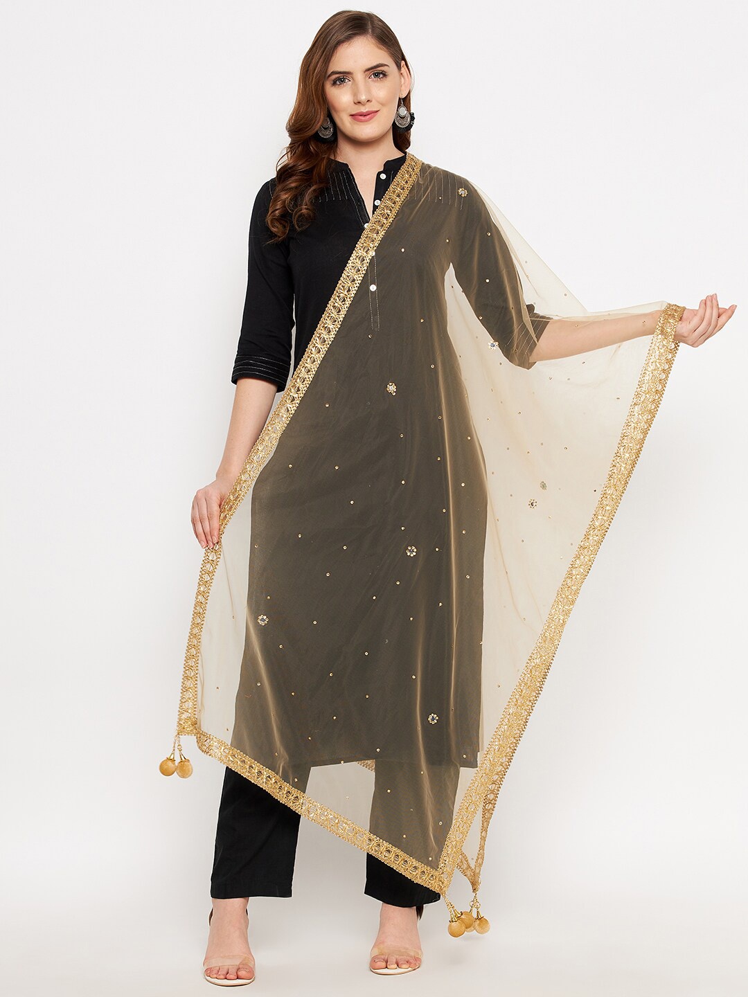 

Clora Creation Gold-Toned Ethnic Motifs Dupatta with Sequinned