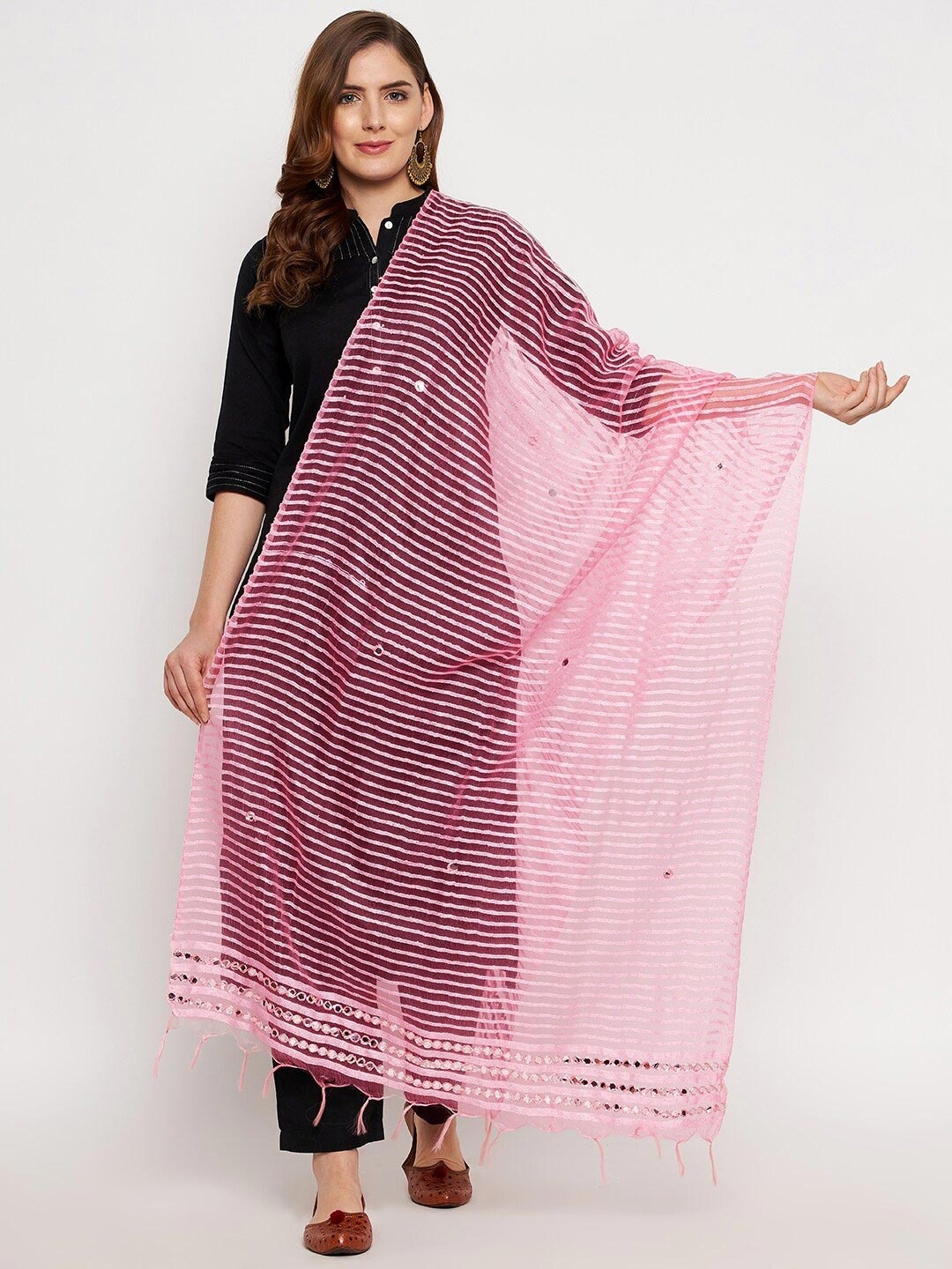

Clora Creation Pink & Brown Striped Organza Dupatta with Mirror Work