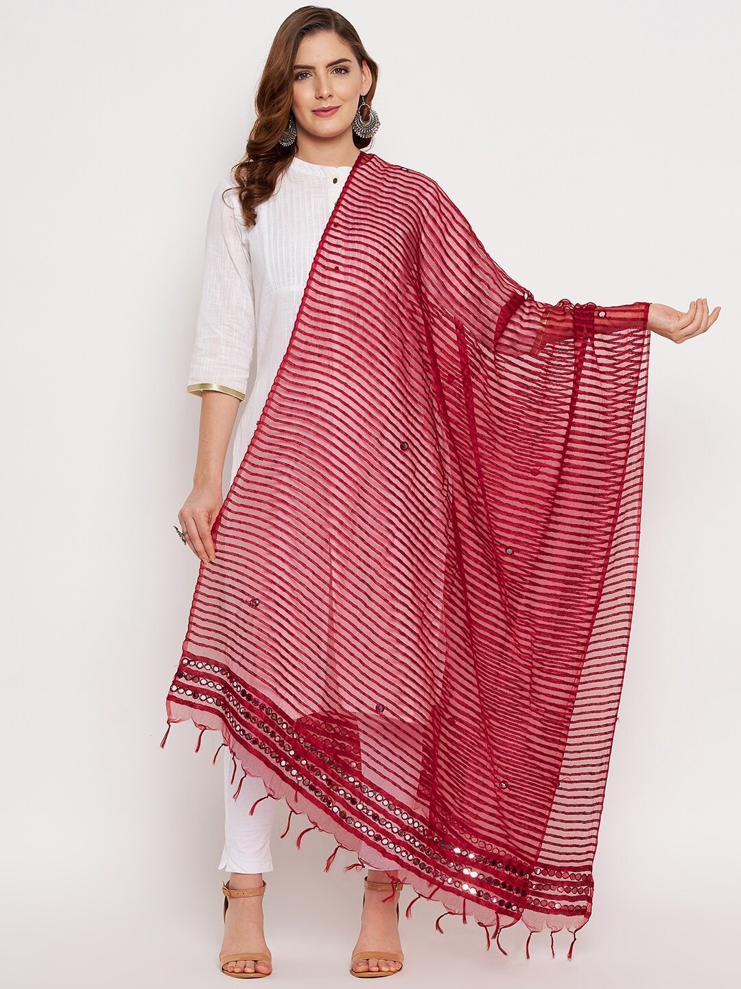 

Clora Creation Maroon Striped Organza Dupatta with Mirror Work