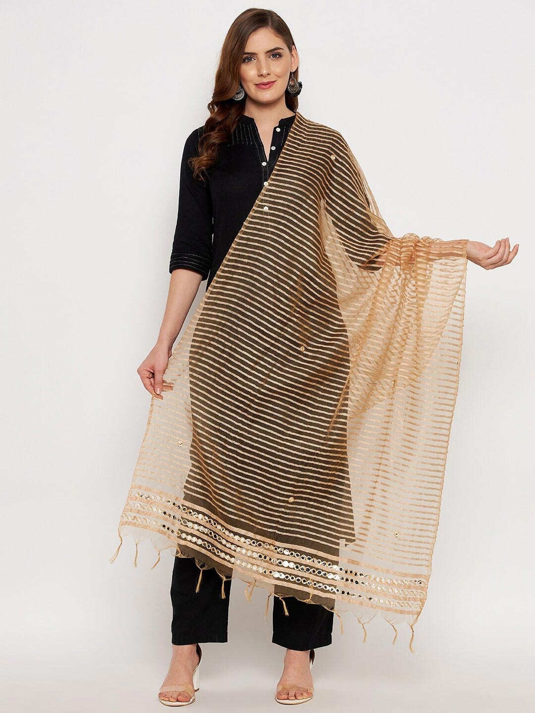 

Clora Creation Beige & Gold-Toned Striped Organza Dupatta with Mirror Work