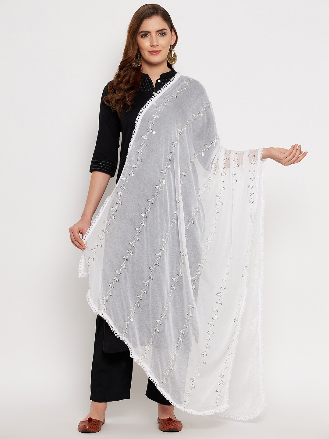 

Clora Creation White Embroidered Dupatta with Sequinned