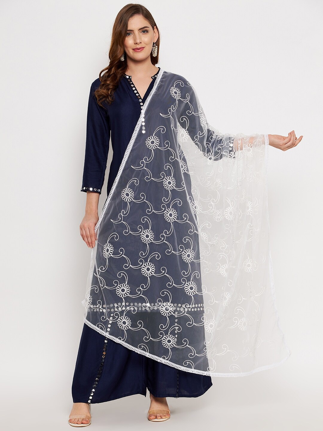 

Clora Creation White Embroidered Dupatta