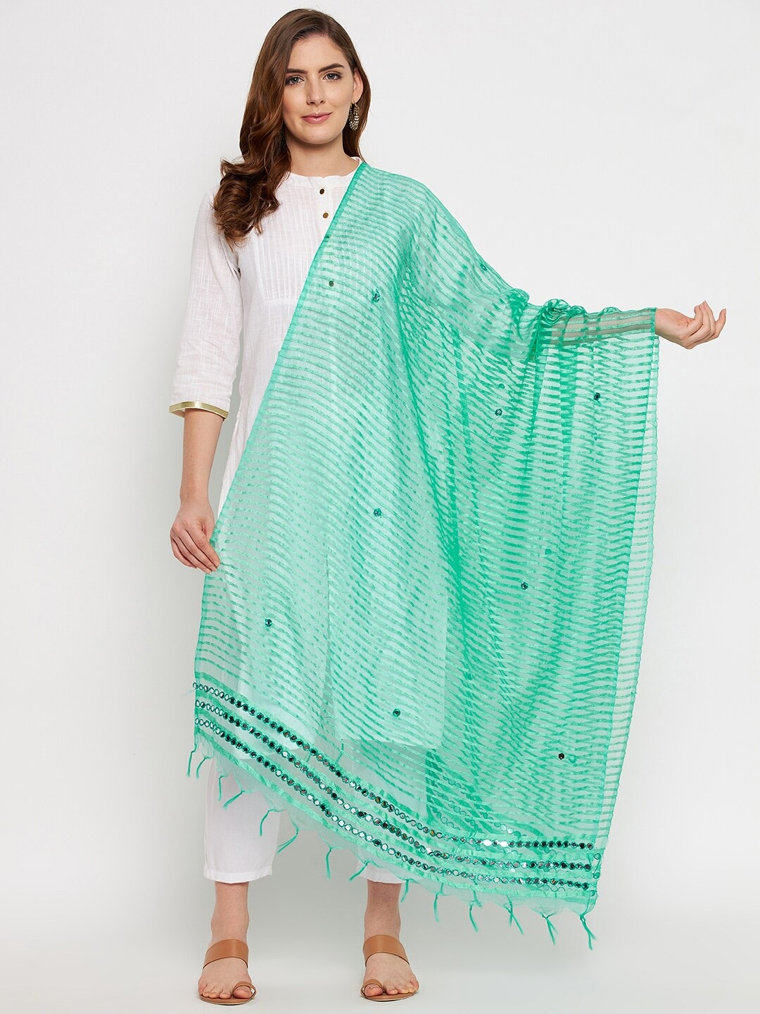 

Clora Creation Green Striped Organza Dupatta with Mirror Work