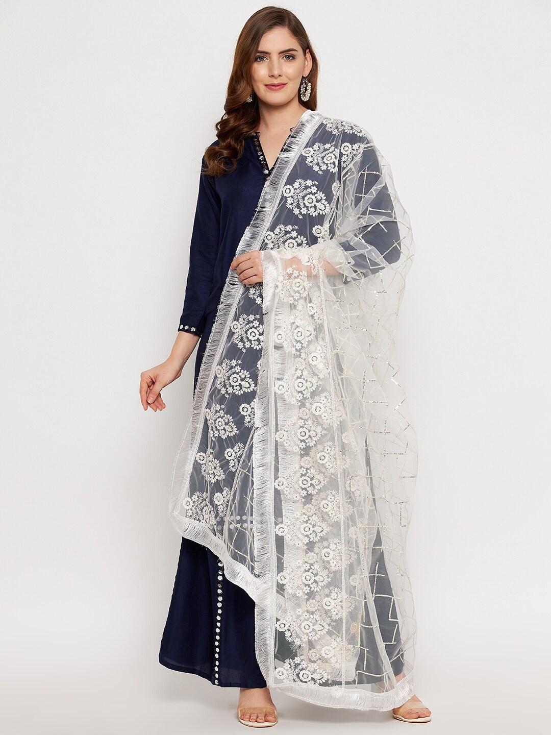

Clora Creation Off White Embroidered Dupatta with Sequinned