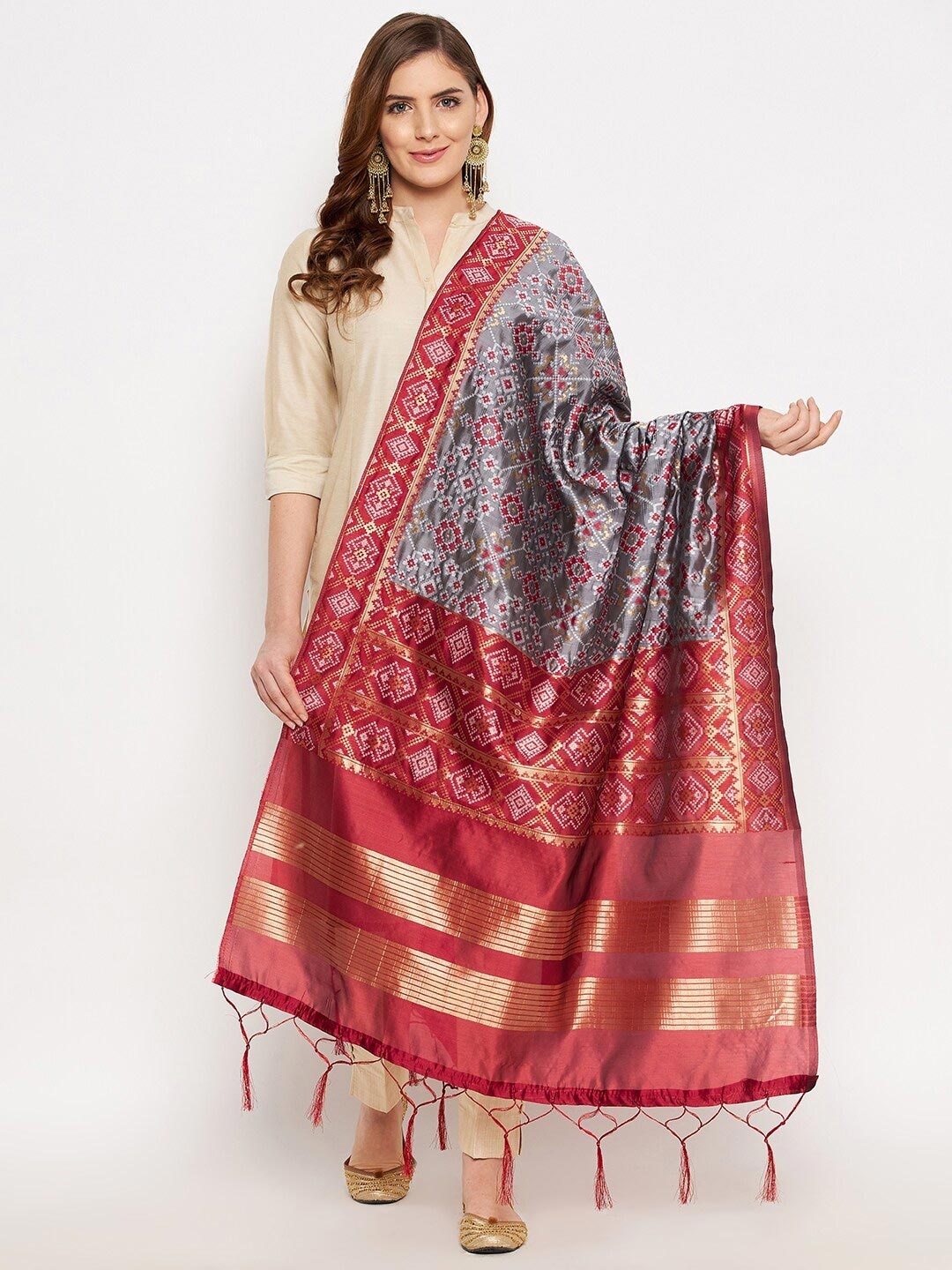 

Clora Creation Grey & Red Printed Dupatta