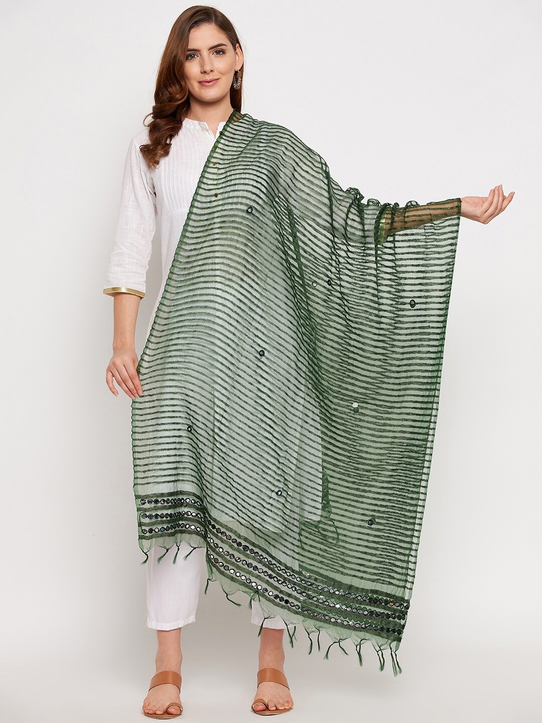 

Clora Creation Green Striped Organza Dupatta with Mirror Work