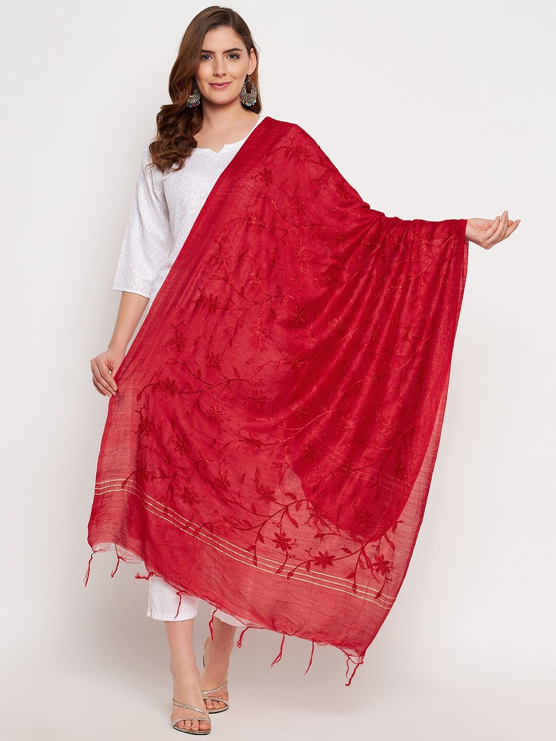 

Clora Creation Red Embroidered Dupatta