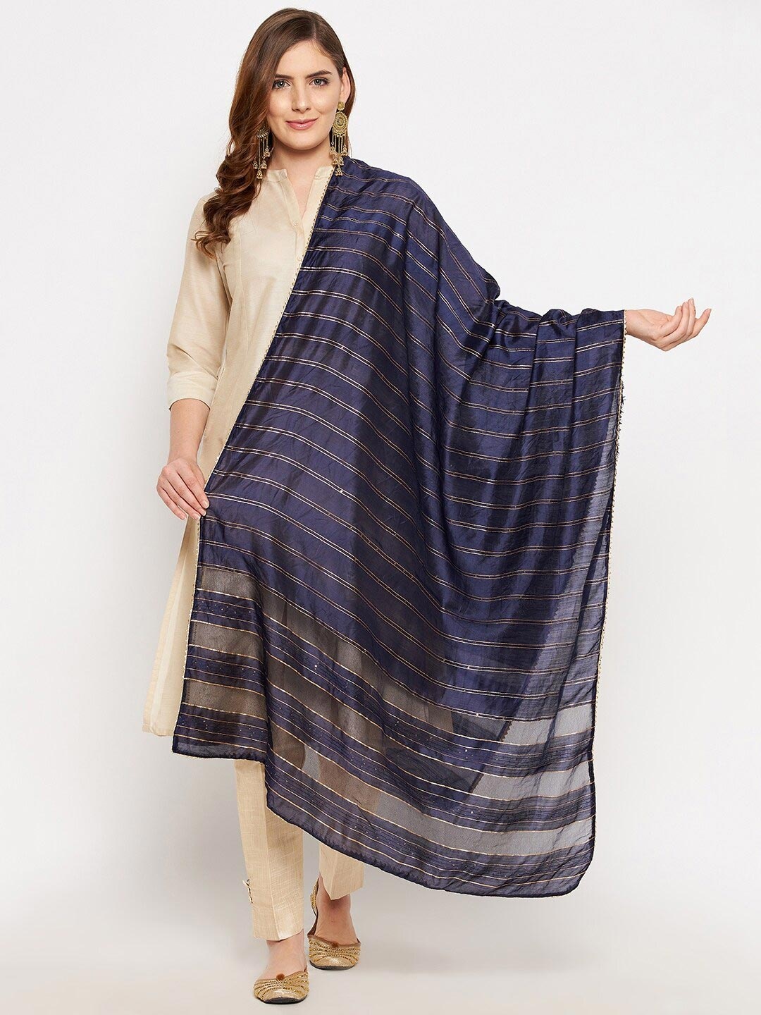 

Clora Creation Navy Blue & Gold-Toned Striped Dupatta with Sequinned