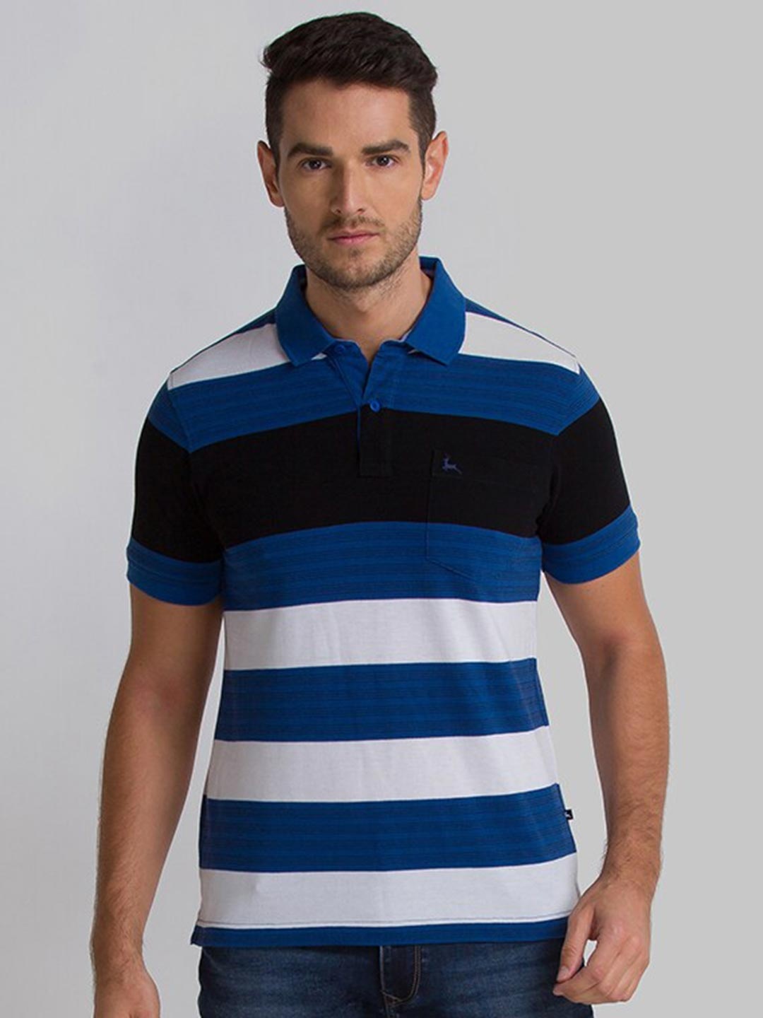 

Parx Men Blue & Black Colourblocked Polo Collar T-shirt