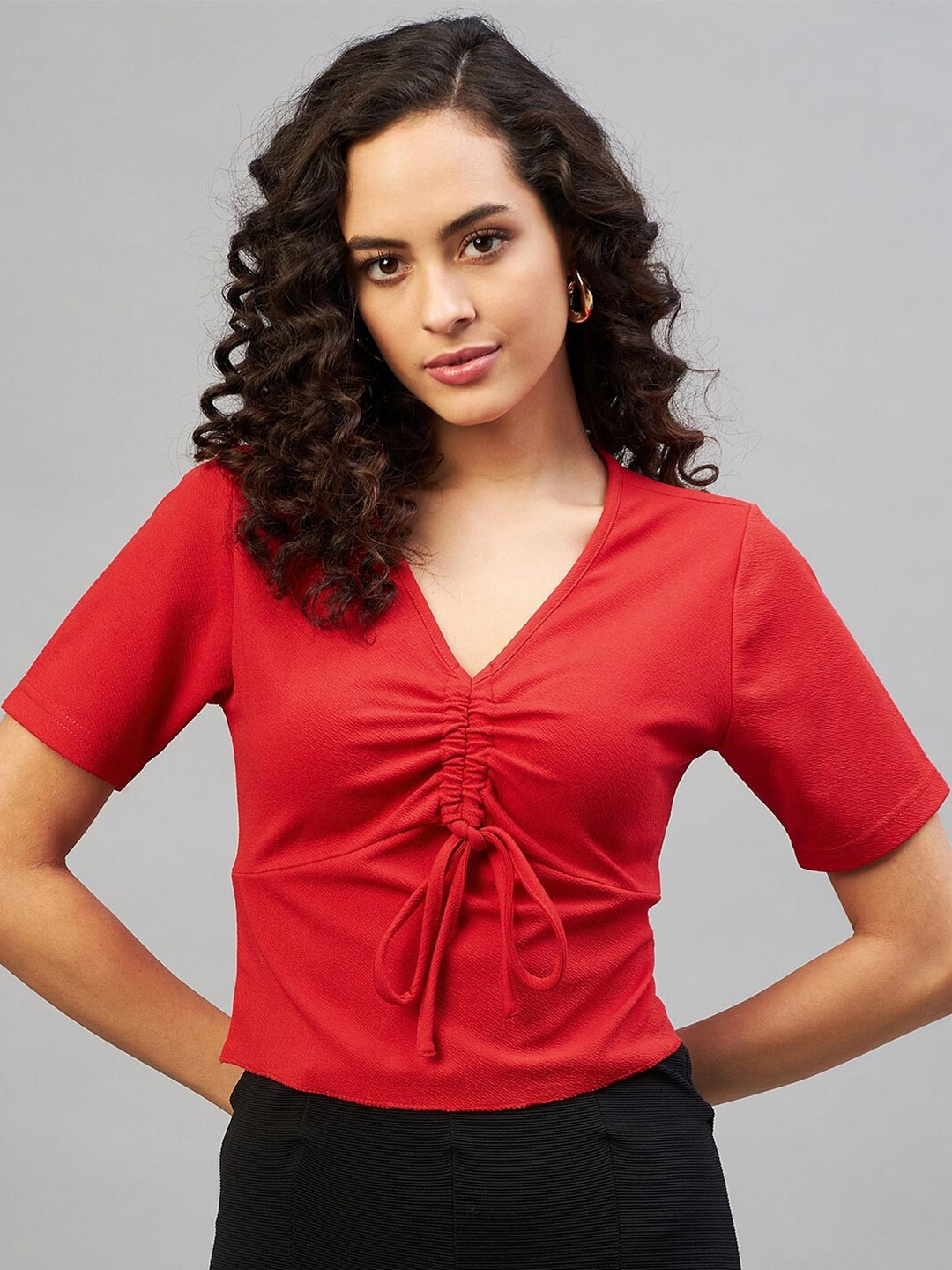 

Carlton London Women Red Tie-Up V-Neck Crop Top
