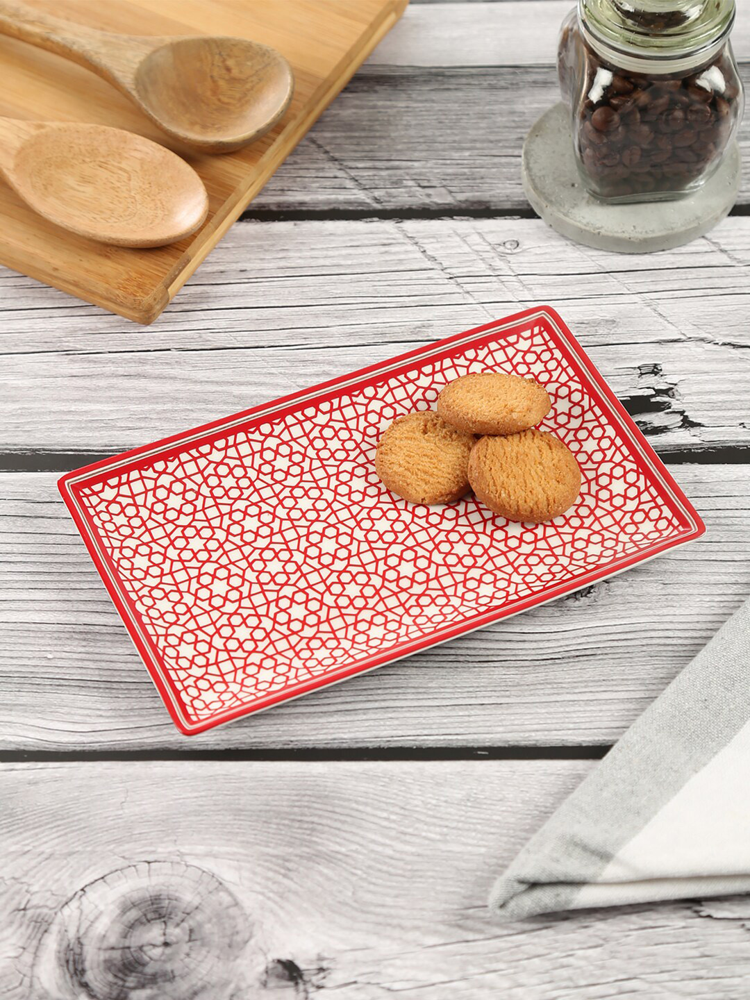 

India Circus by Krsnaa Mehta Red Poppy Flower Printed Small Rectangle Platter