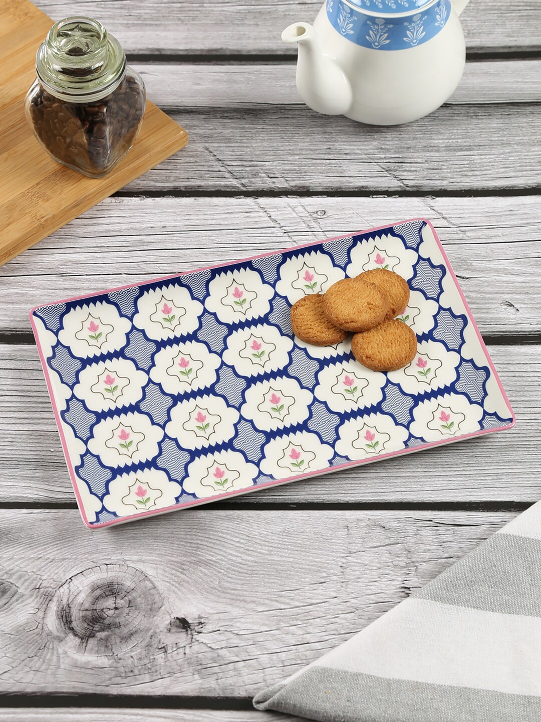 

India Circus by Krsnaa Mehta White Chevron Perching Peacock Large Rectangle Platter