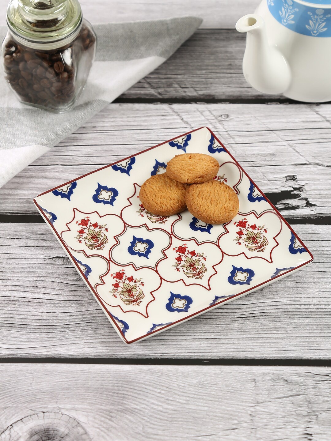

India Circus by Krsnaa Mehta White & Blue Printed Lattice Treasures Small Platter