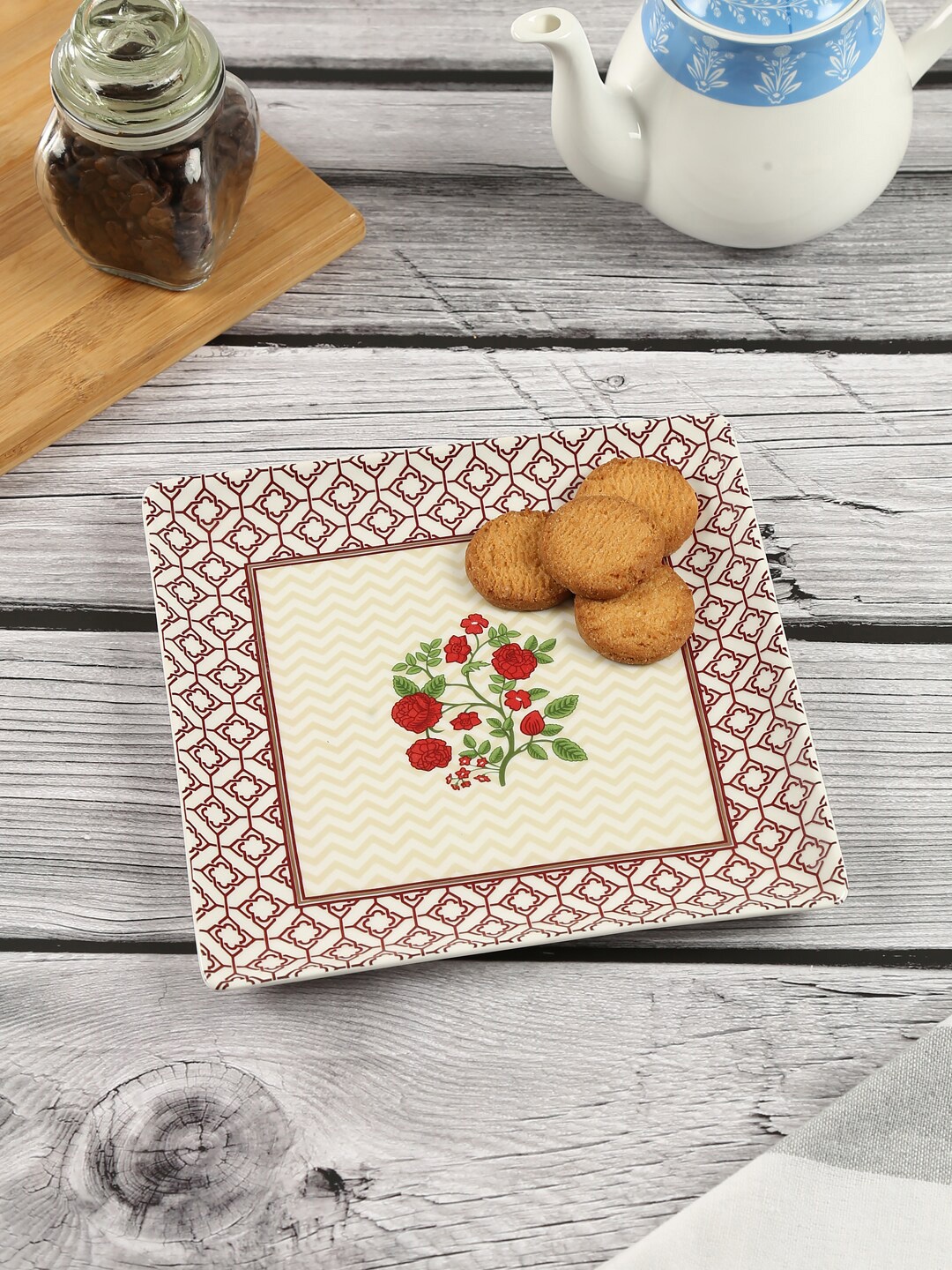 

India Circus by Krsnaa Mehta Off White & Red Printed Chevron Poppy Flower Medium Platter