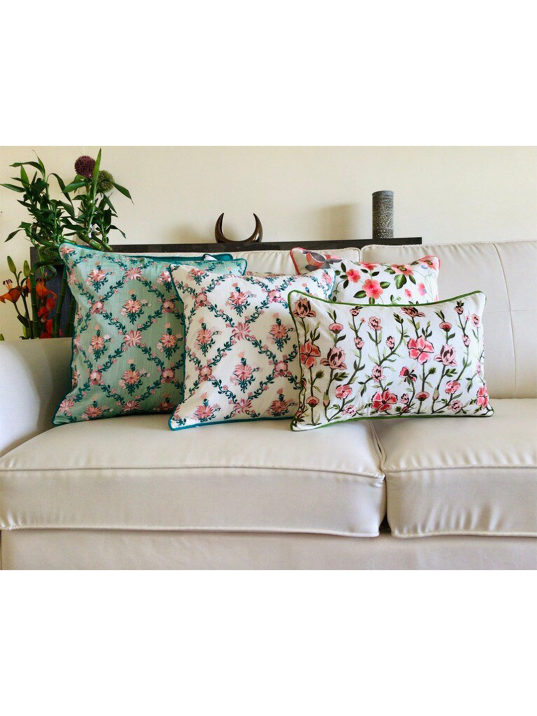 

TARA- Sparkling Homes Green & Pink Set of 2 Geometric Square Cushion Covers