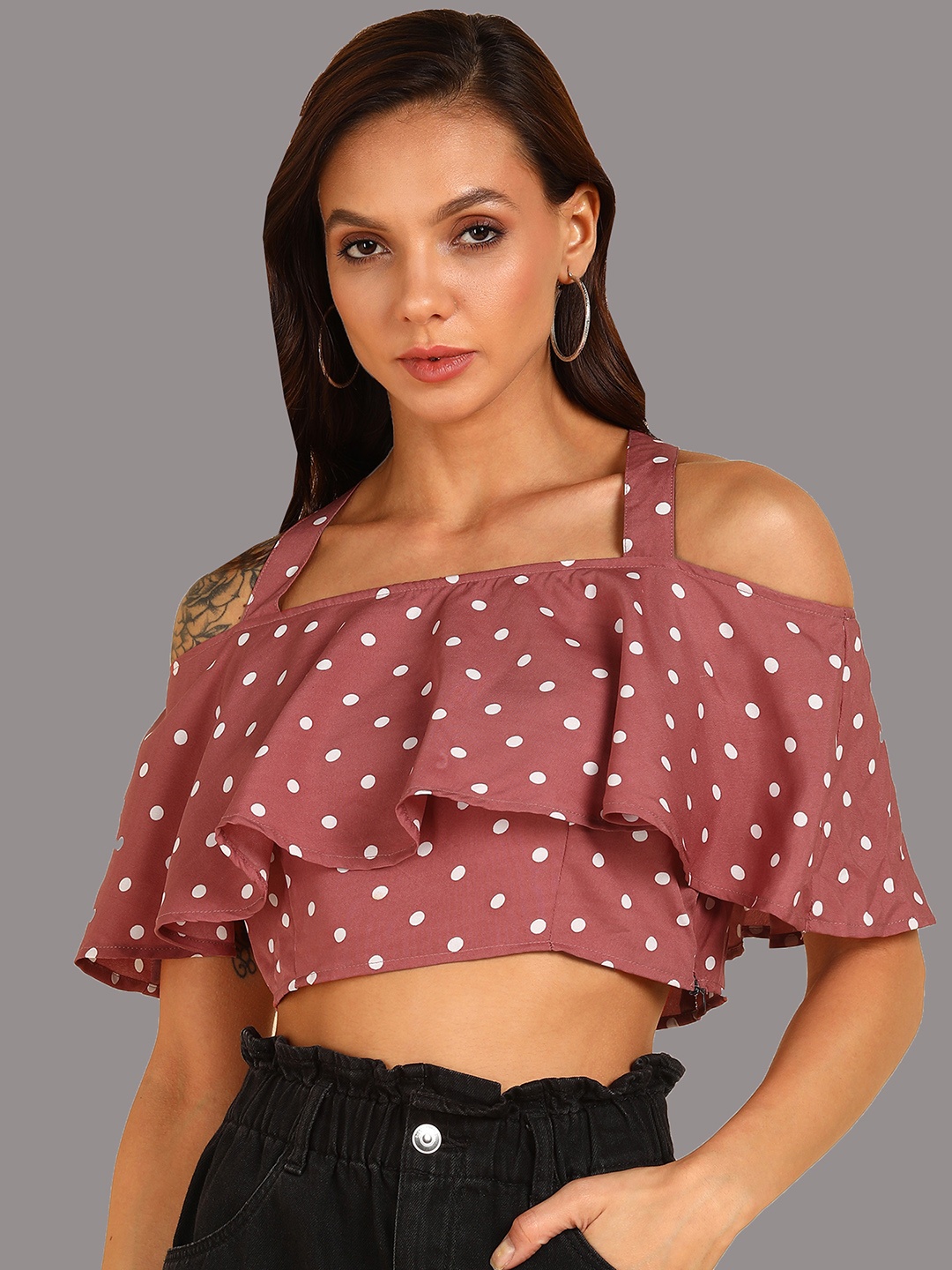 

ZNX Clothing Women Pink Polka Dot Print Bardot Crop Top