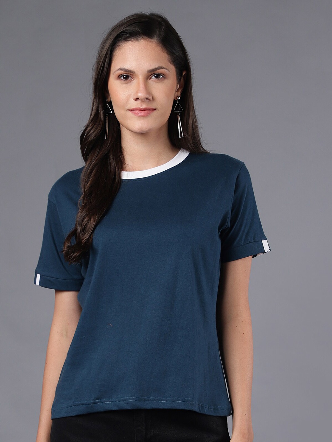 

THE EG STORE Women Plain Blue & White T-shirt