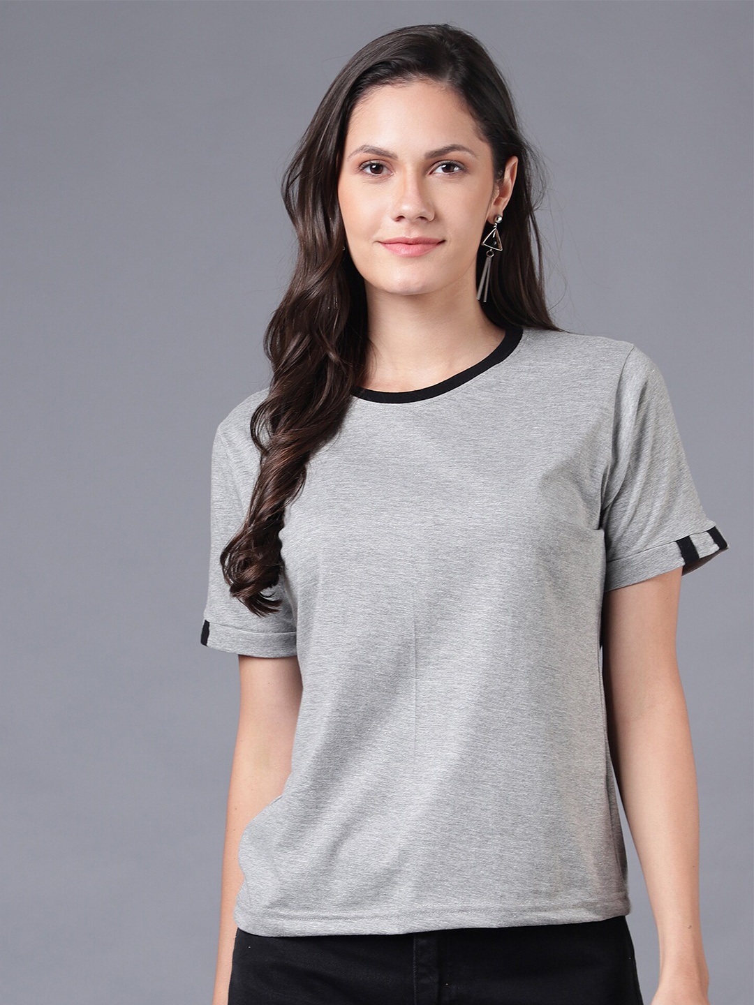 

THE EG STORE Women Grey Melange & Black T-shirt