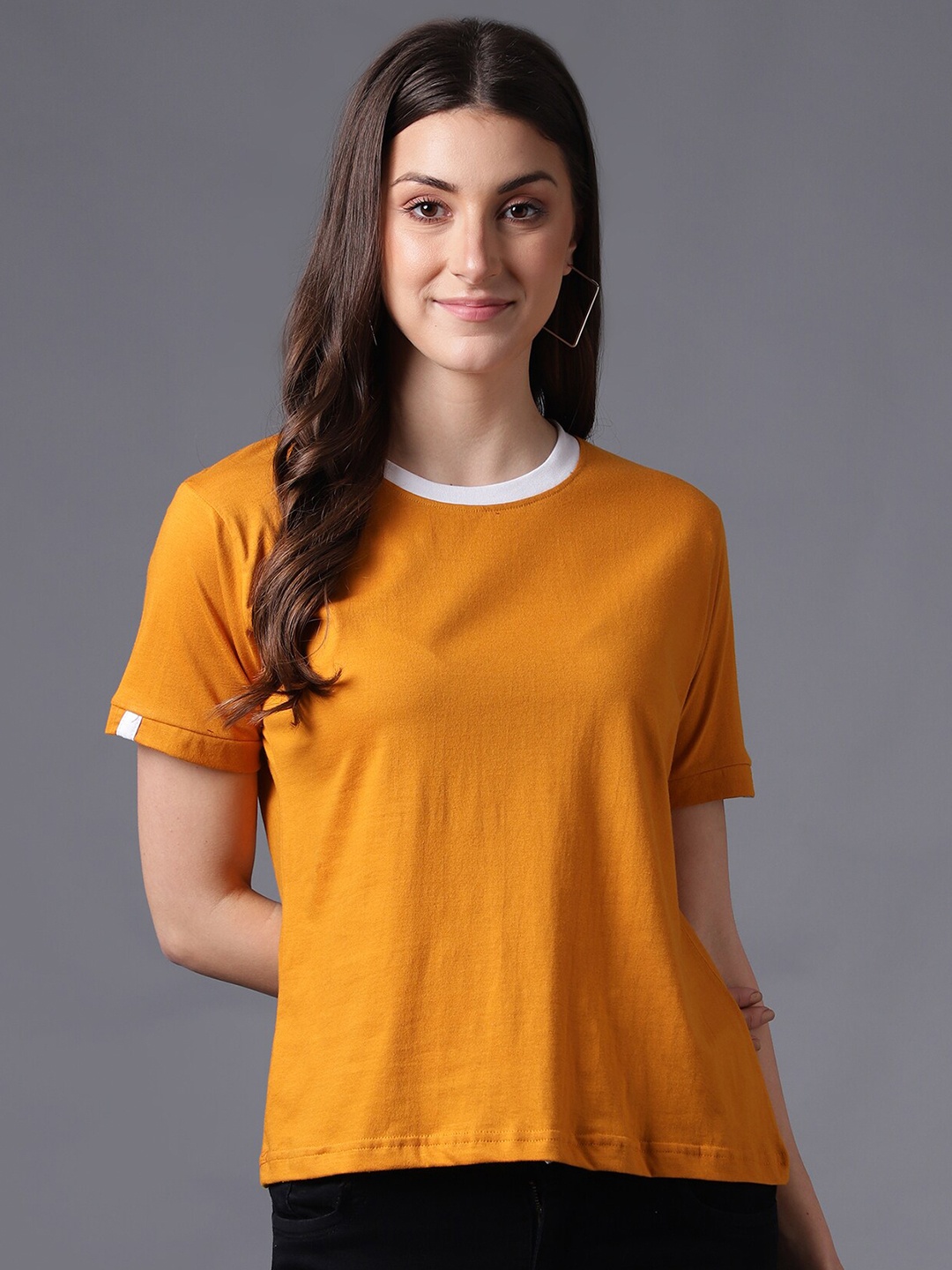 

THE EG STORE Women Mustard Yellow & White T-shirt