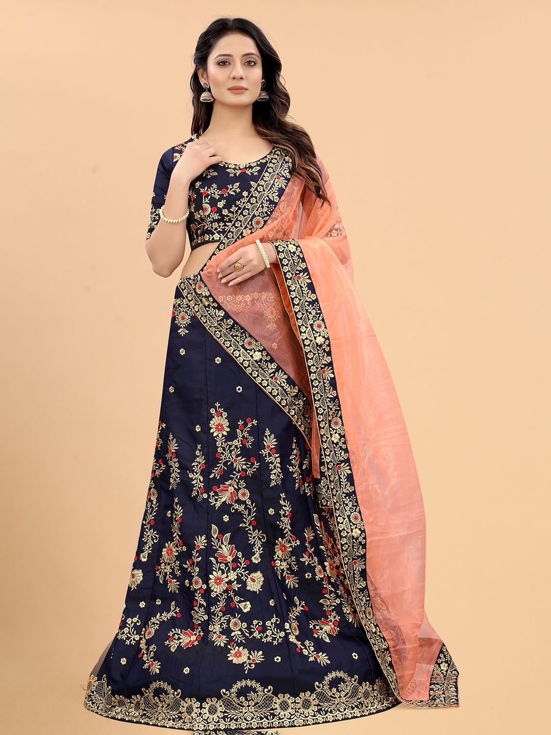 

Xenilla Blue And Pink Embroidered Semi-Stitched Lehenga & Blouse With Dupatta