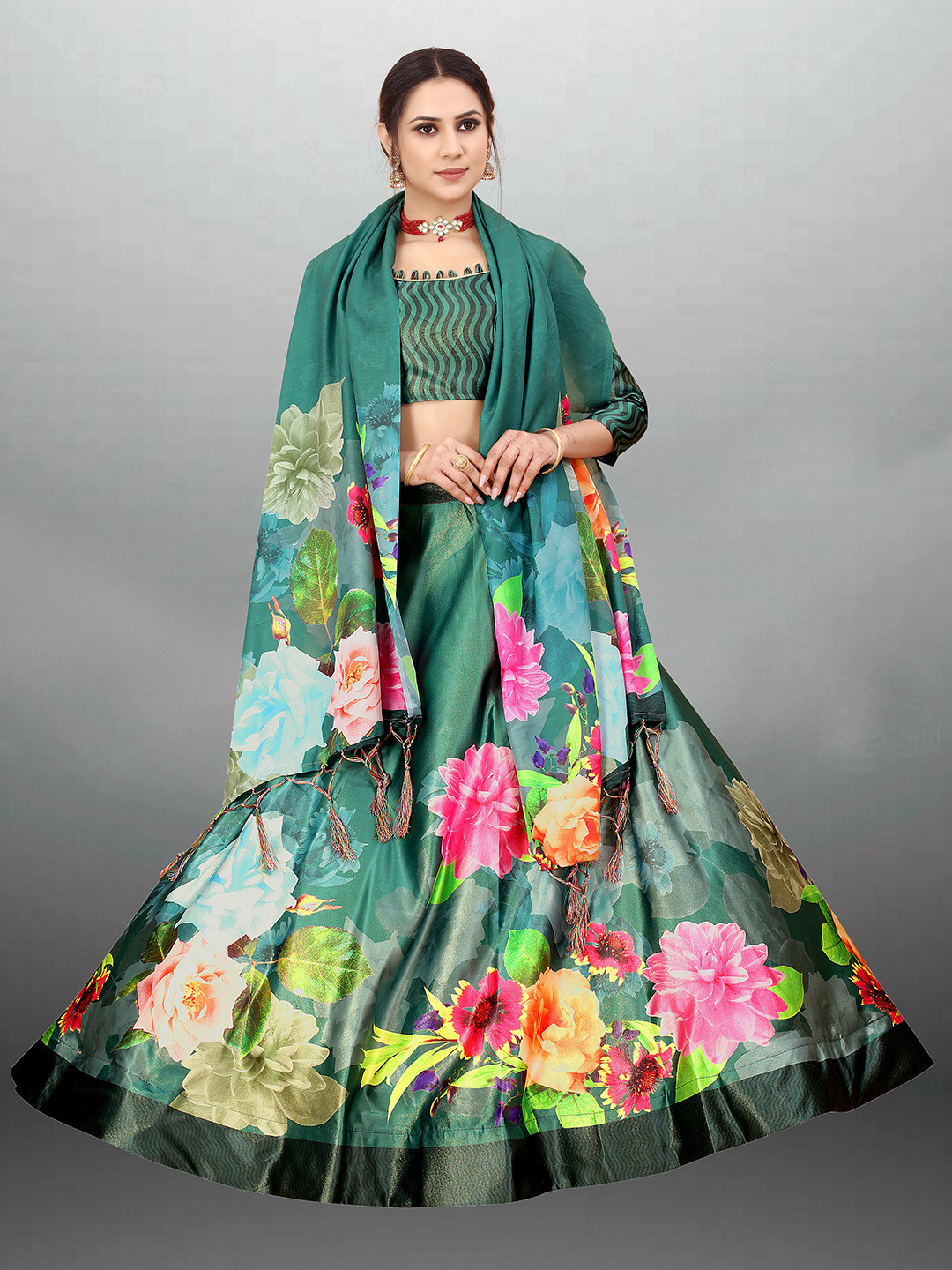 

Xenilla Green & Pink Printed Semi-Stitched Lehenga & Blouse With Dupatta