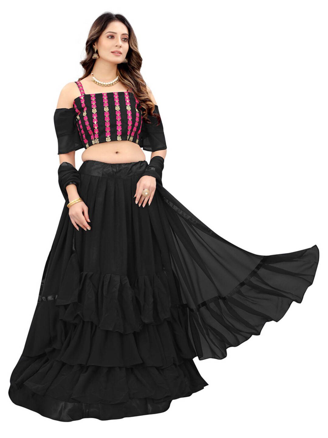 

Xenilla Black & Pink Embroidered Semi-Stitched Lehenga & Blouse With Dupatta