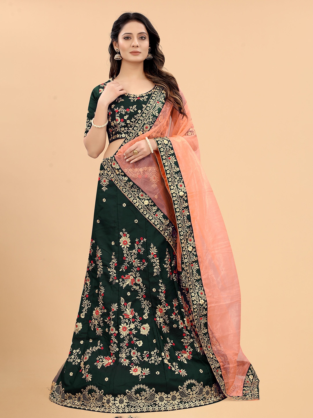 

Xenilla Green & Pink Embroidered Semi-Stitched Lehenga & Blouse With Dupatta