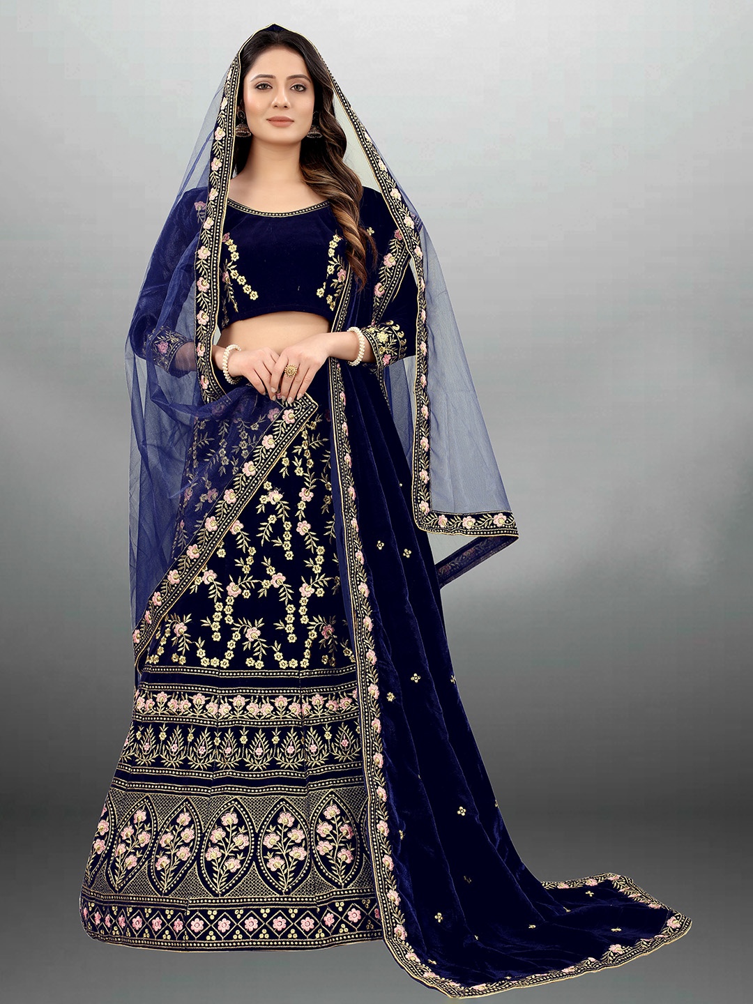 

Xenilla Blue Embroidered Semi-Stitched Lehenga & Blouse With Dupatta
