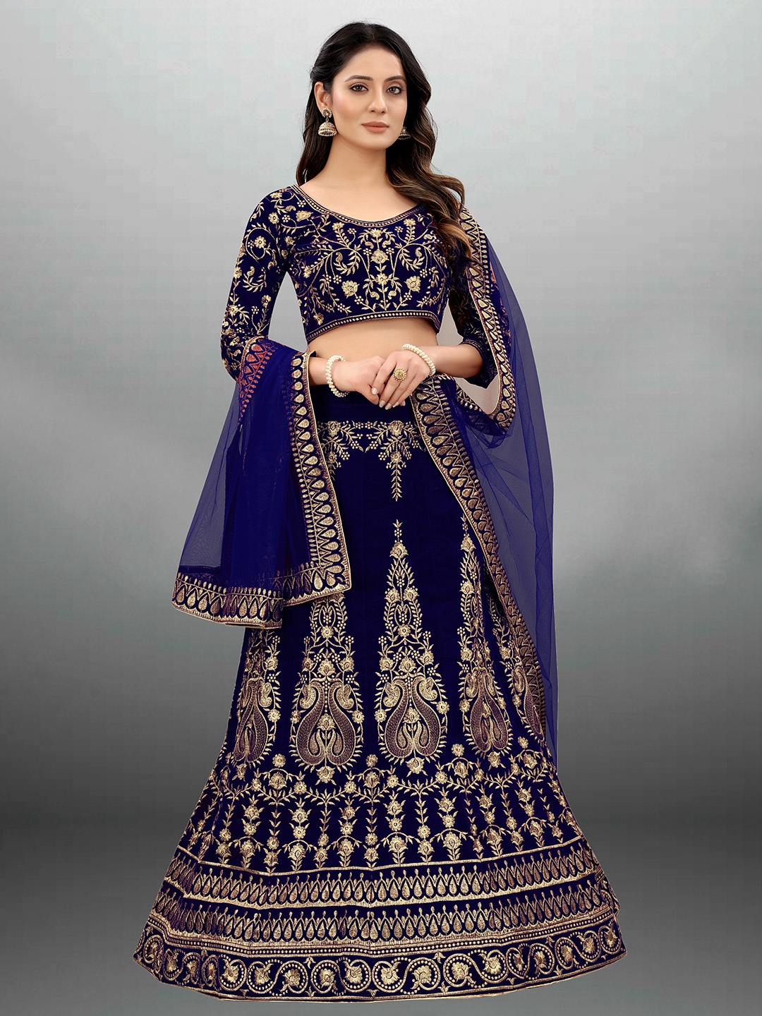 

Xenilla Blue & Gold-Toned Embroidered Semi-Stitched Lehenga & Blouse With Dupatta