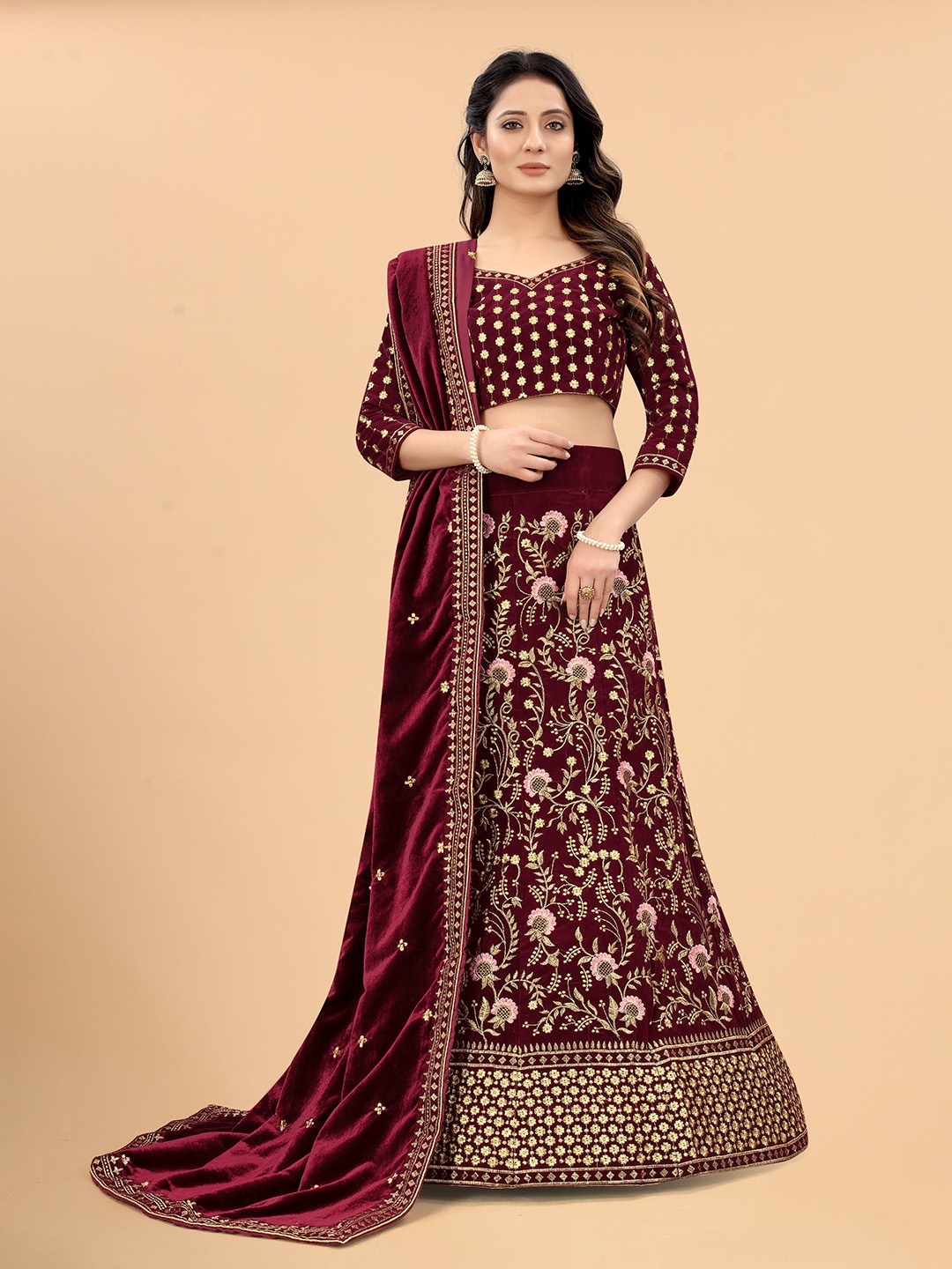 

Xenilla Maroon & Gold-Toned Embroidered Semi-Stitched Lehenga & Blouse With Dupatta