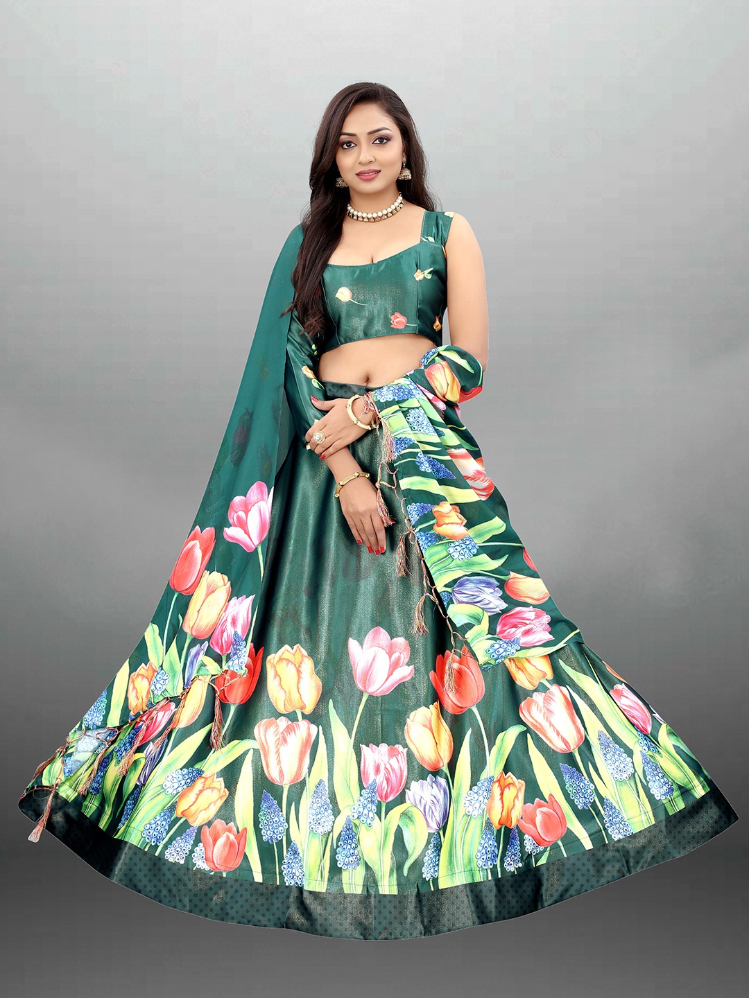 

Xenilla Green & Red Printed Semi-Stitched Lehenga & Blouse With Dupatta