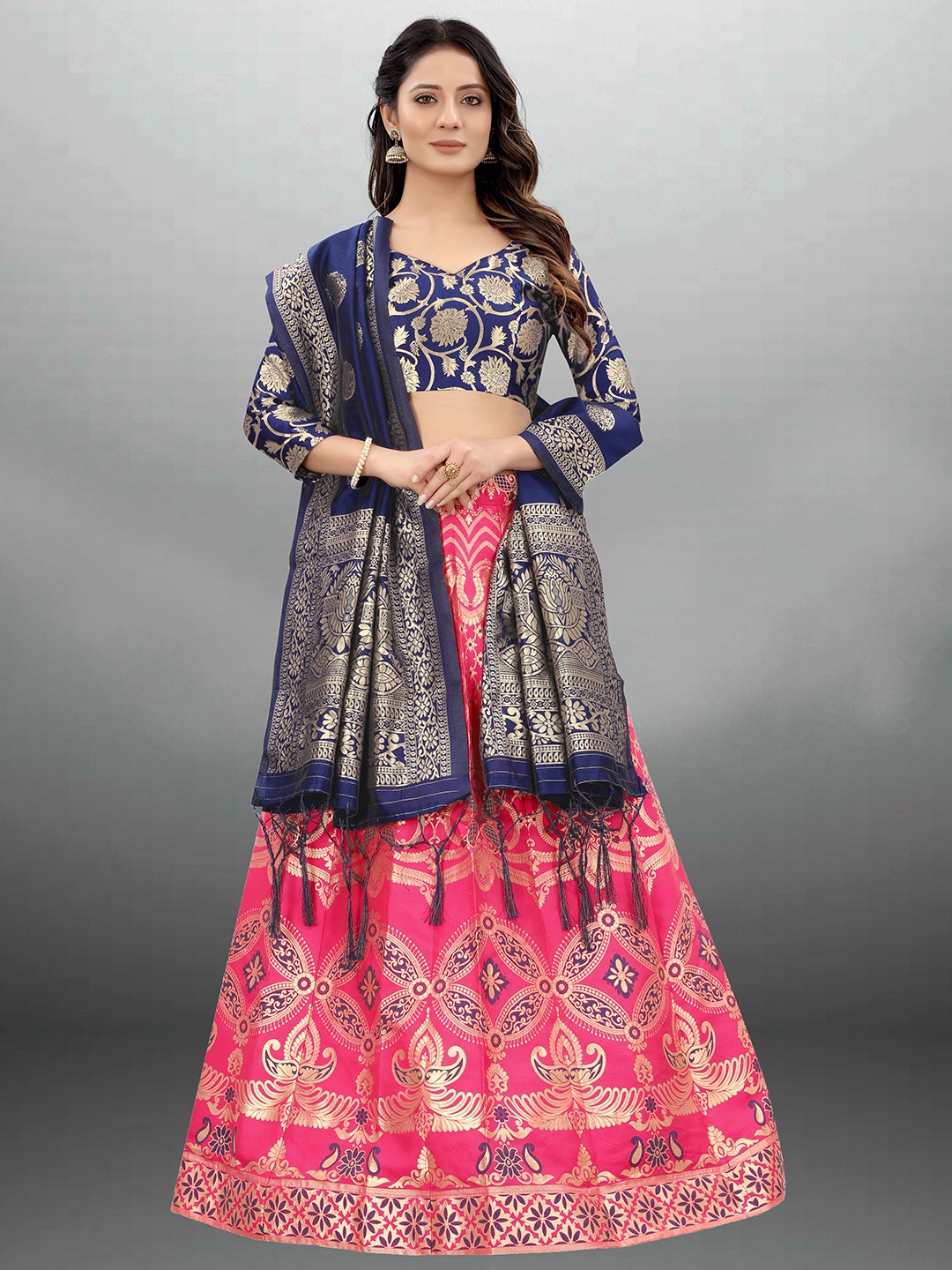 

Xenilla Pink & Blue Printed Semi-Stitched Lehenga & Blouse With Dupatta