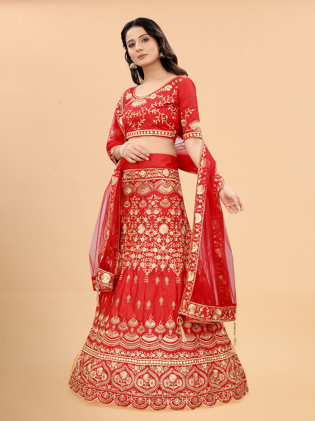 

Xenilla Red & Gold Embroidered Semi-Stitched Lehenga & Blouse With Dupatta