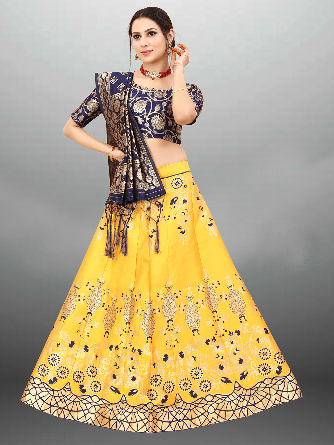 

Xenilla Women Yellow & Navy Embroidered Semi-Stitched Lehenga & Blouse With Dupatta